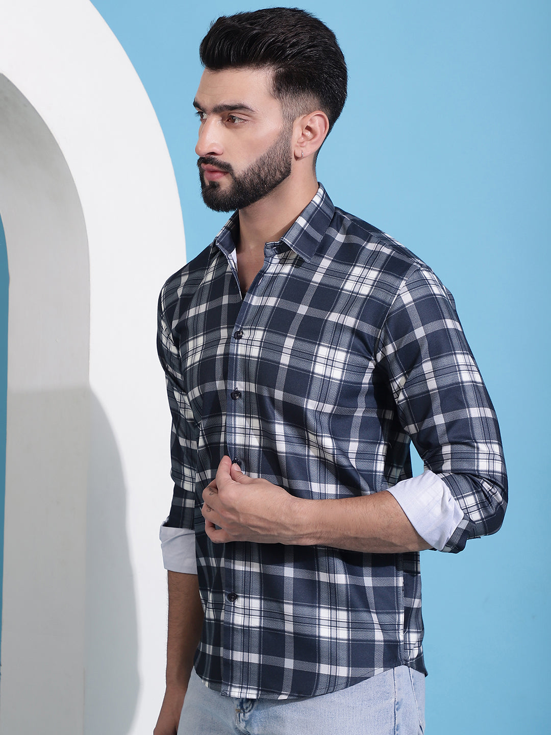 Men's Charcoal Grey Checked Cotton Casual Shirt for Men - Taantav