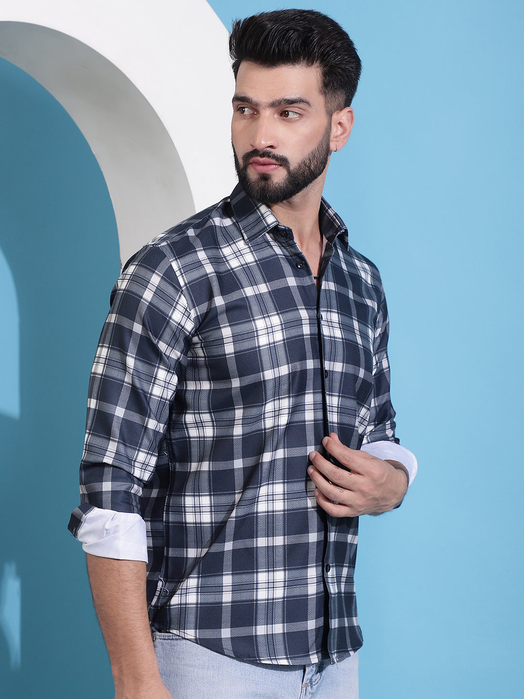 Men's Charcoal Grey Checked Cotton Casual Shirt for Men - Taantav