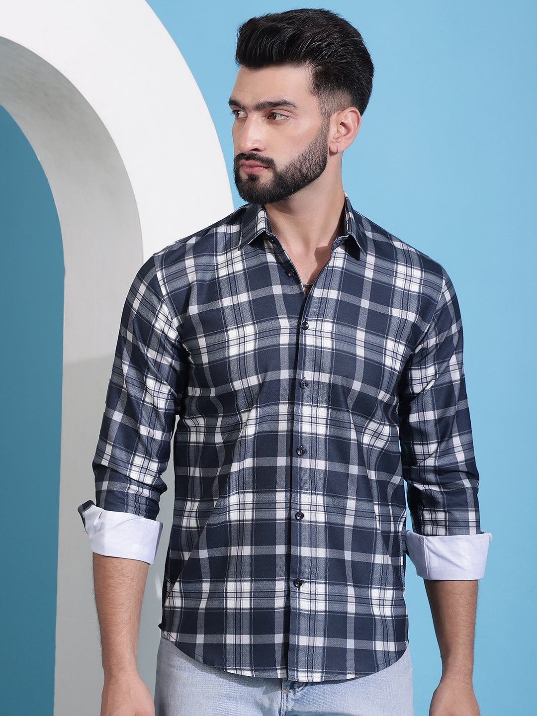 Men's Charcoal Grey Checked Cotton Casual Shirt for Men - Taantav