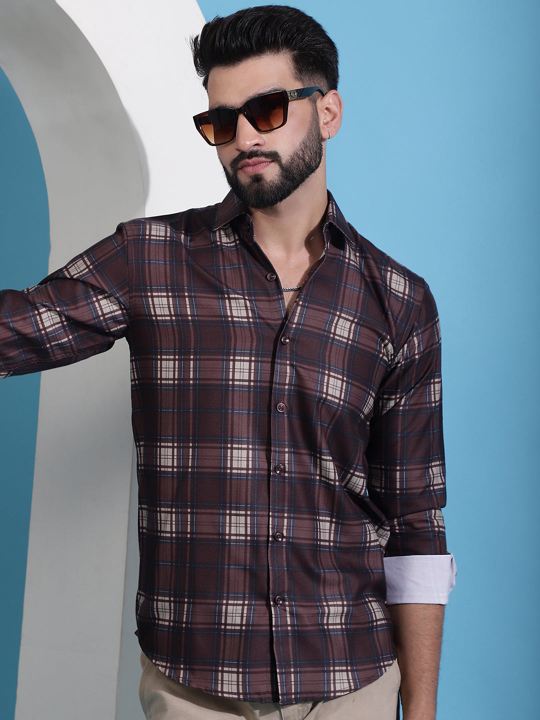 Men's Coffee Brown Checked Cotton Casual Shirt for Men - Taantav