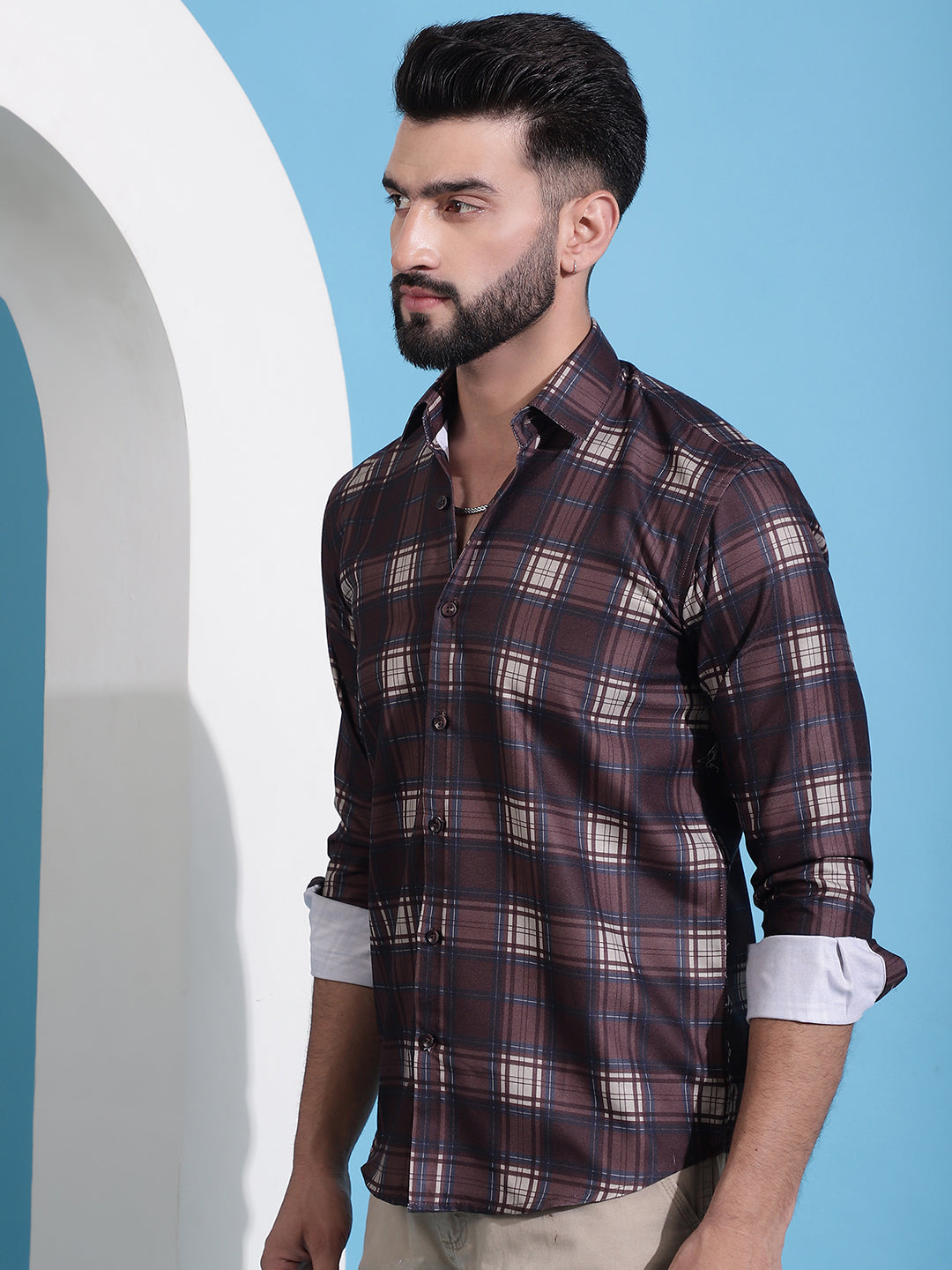 Men's Coffee Brown Checked Cotton Casual Shirt for Men - Taantav