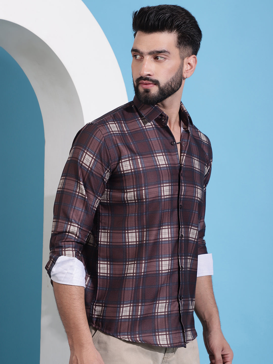 Men's Coffee Brown Checked Cotton Casual Shirt for Men - Taantav