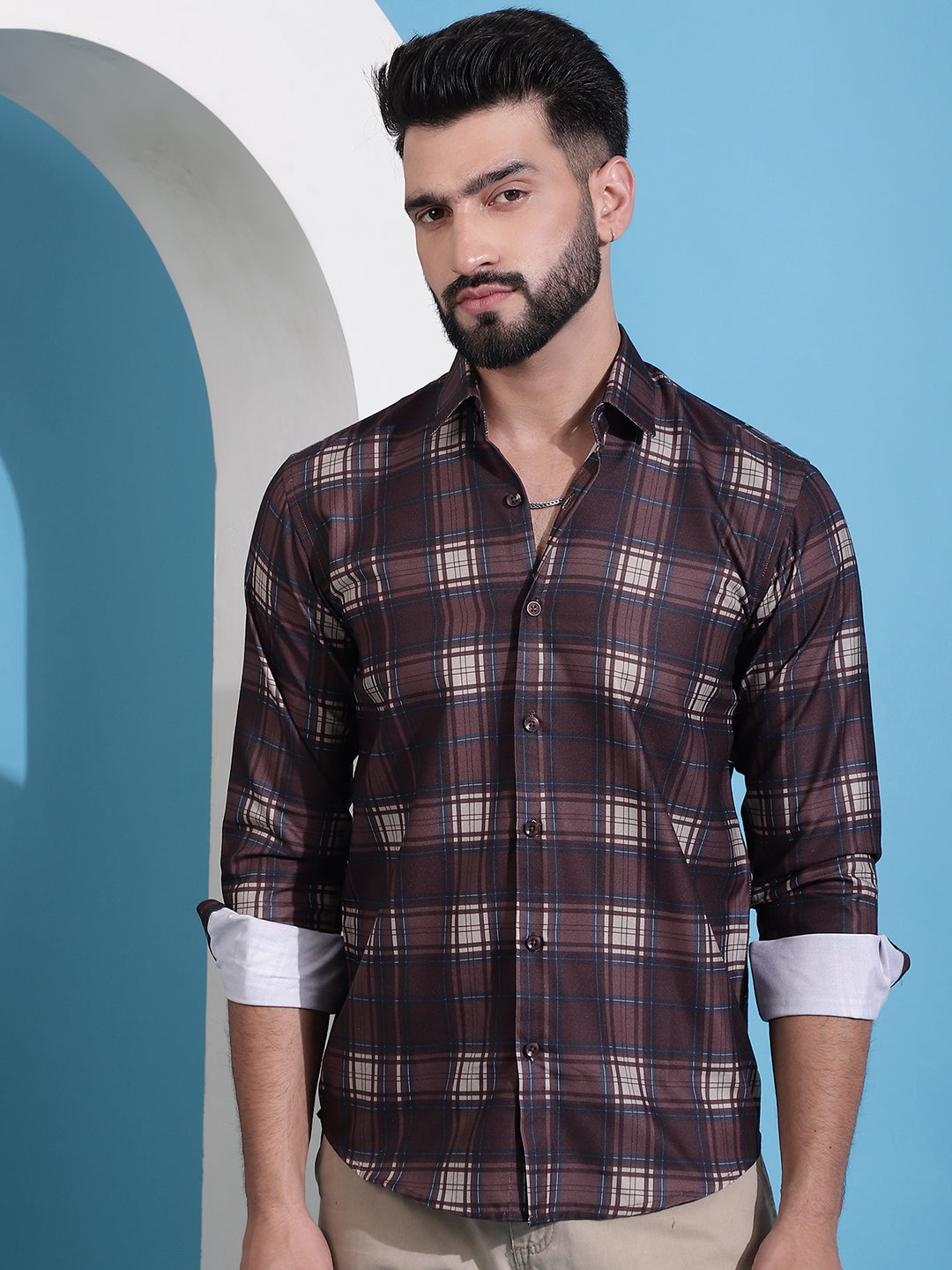 Men's Coffee Brown Checked Cotton Casual Shirt for Men - Taantav