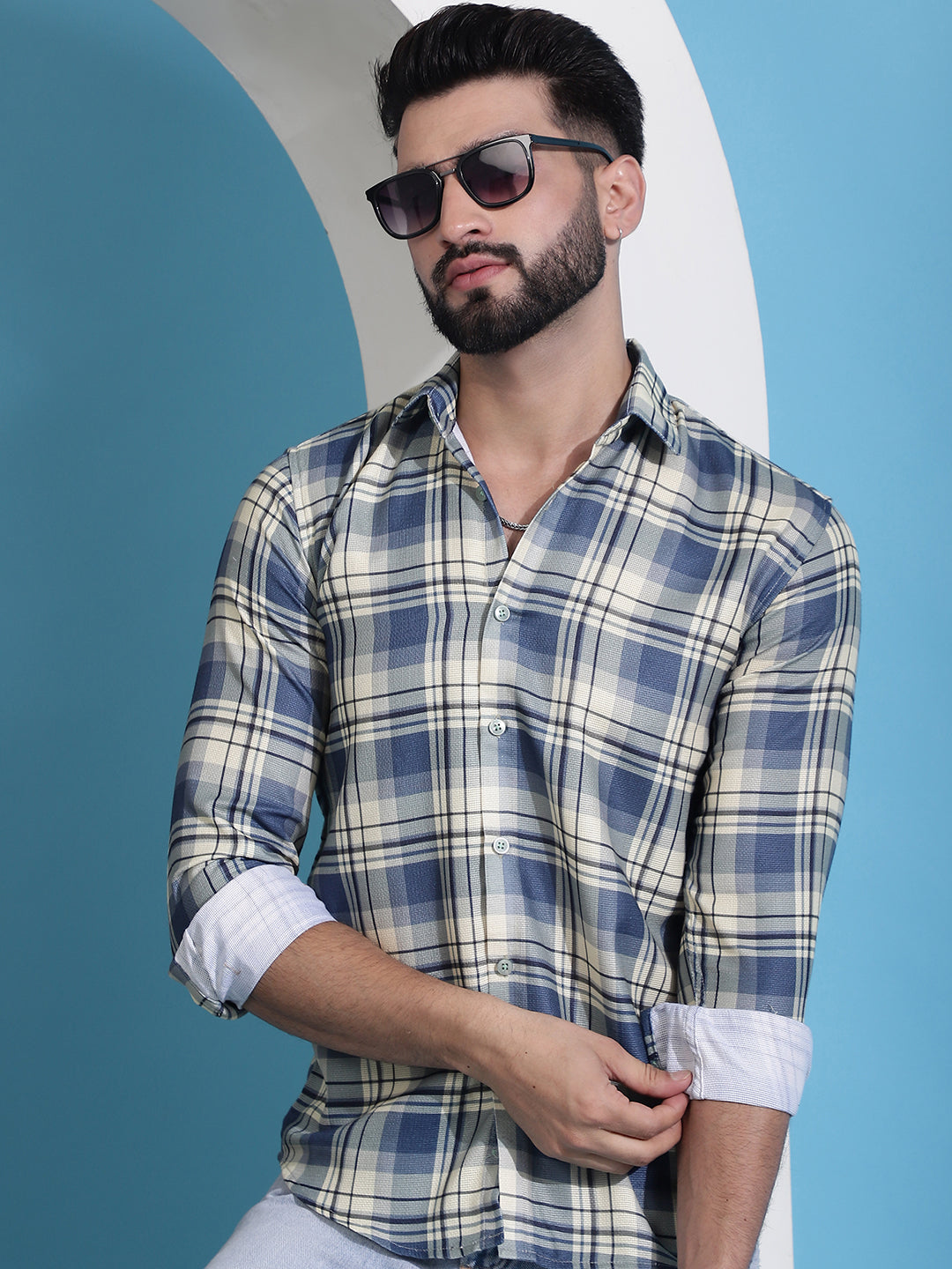 Men's Cream Checked Cotton Casual Shirt for Men - Taantav