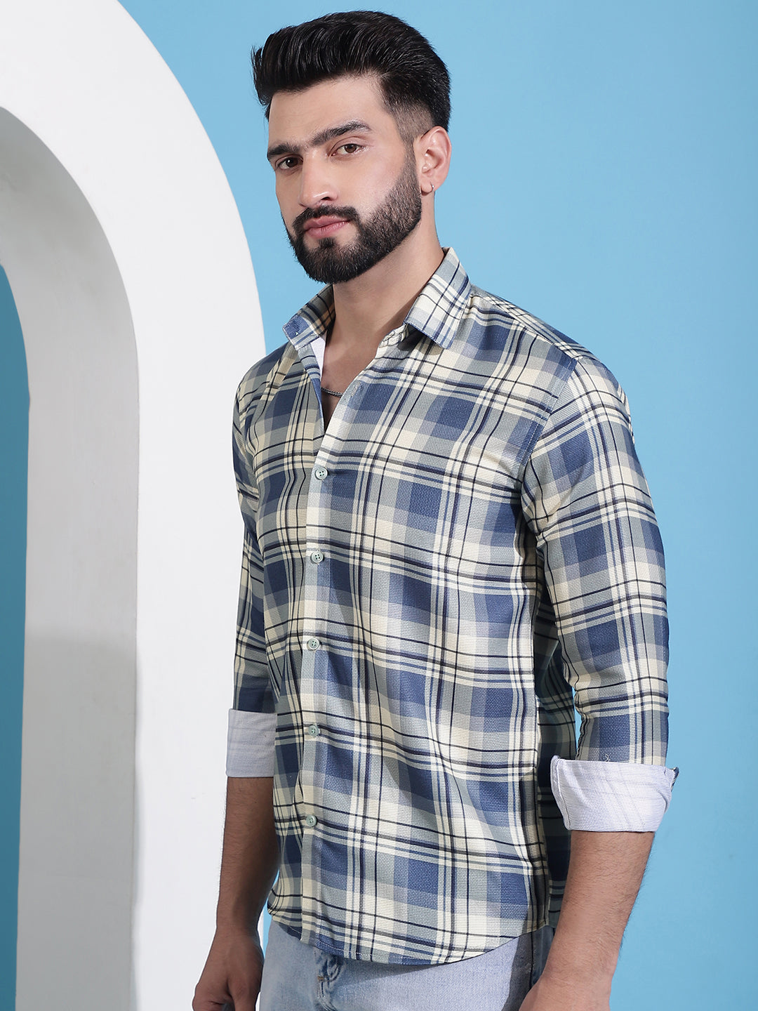 Men's Cream Checked Cotton Casual Shirt for Men - Taantav