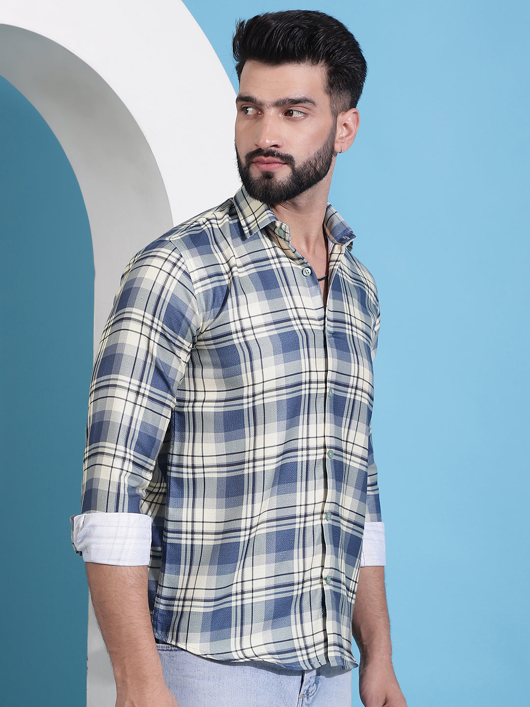 Men's Cream Checked Cotton Casual Shirt for Men - Taantav