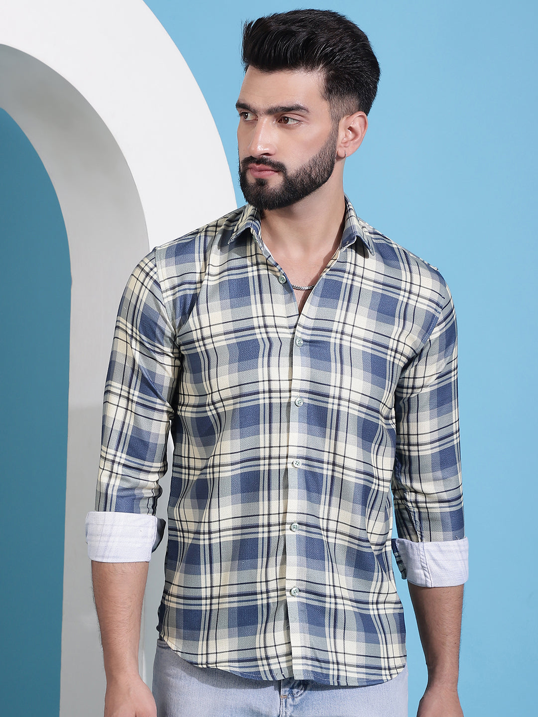 Men's Cream Checked Cotton Casual Shirt for Men - Taantav