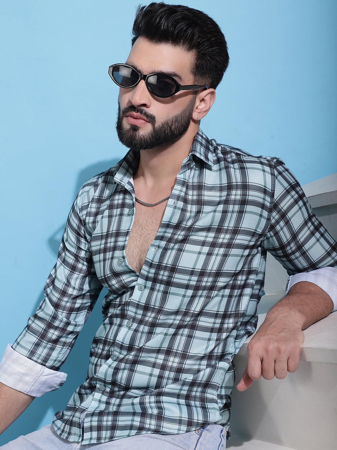 Men's Green Checked Cotton Casual Shirt for Men - Taantav