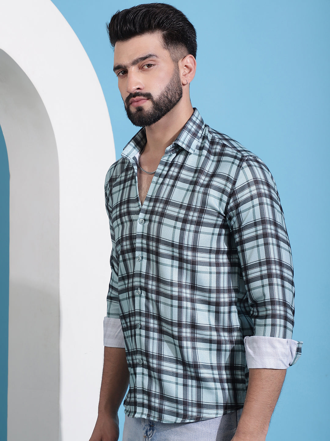 Men's Green Checked Cotton Casual Shirt for Men - Taantav