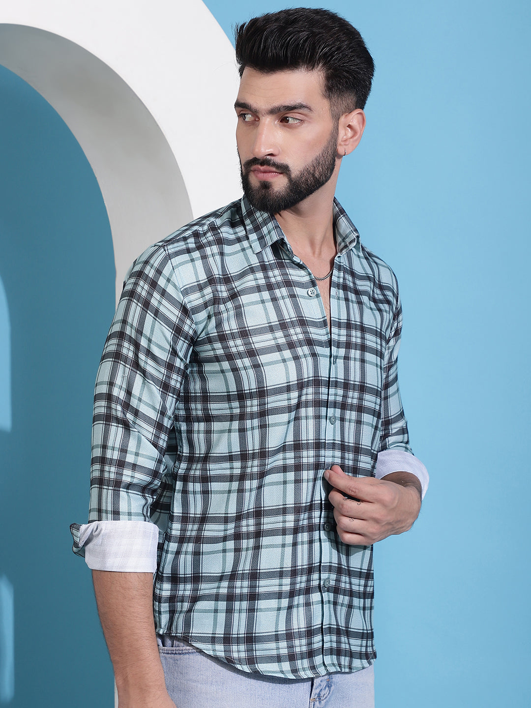 Men's Green Checked Cotton Casual Shirt for Men - Taantav