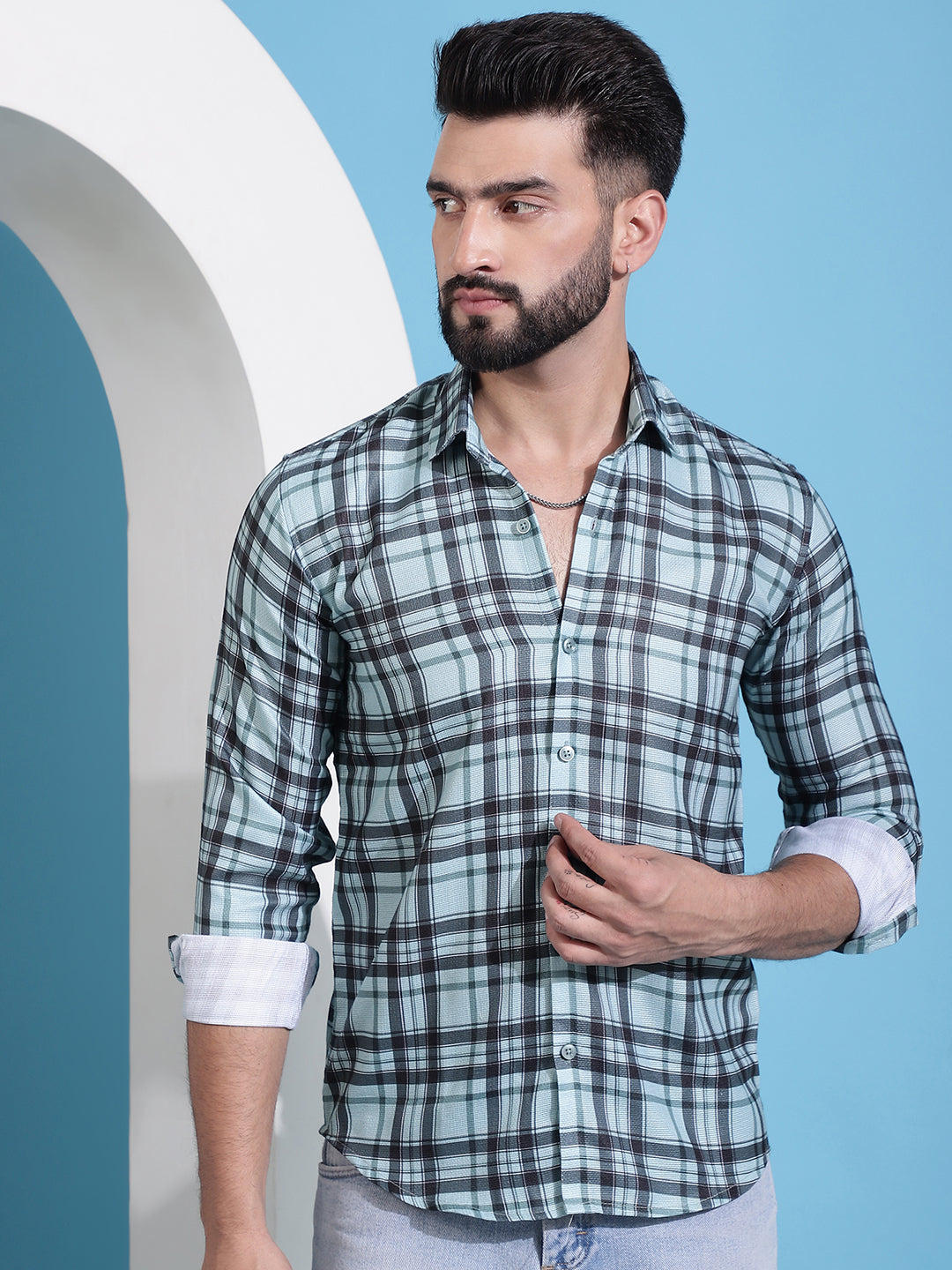 Men's Green Checked Cotton Casual Shirt for Men - Taantav