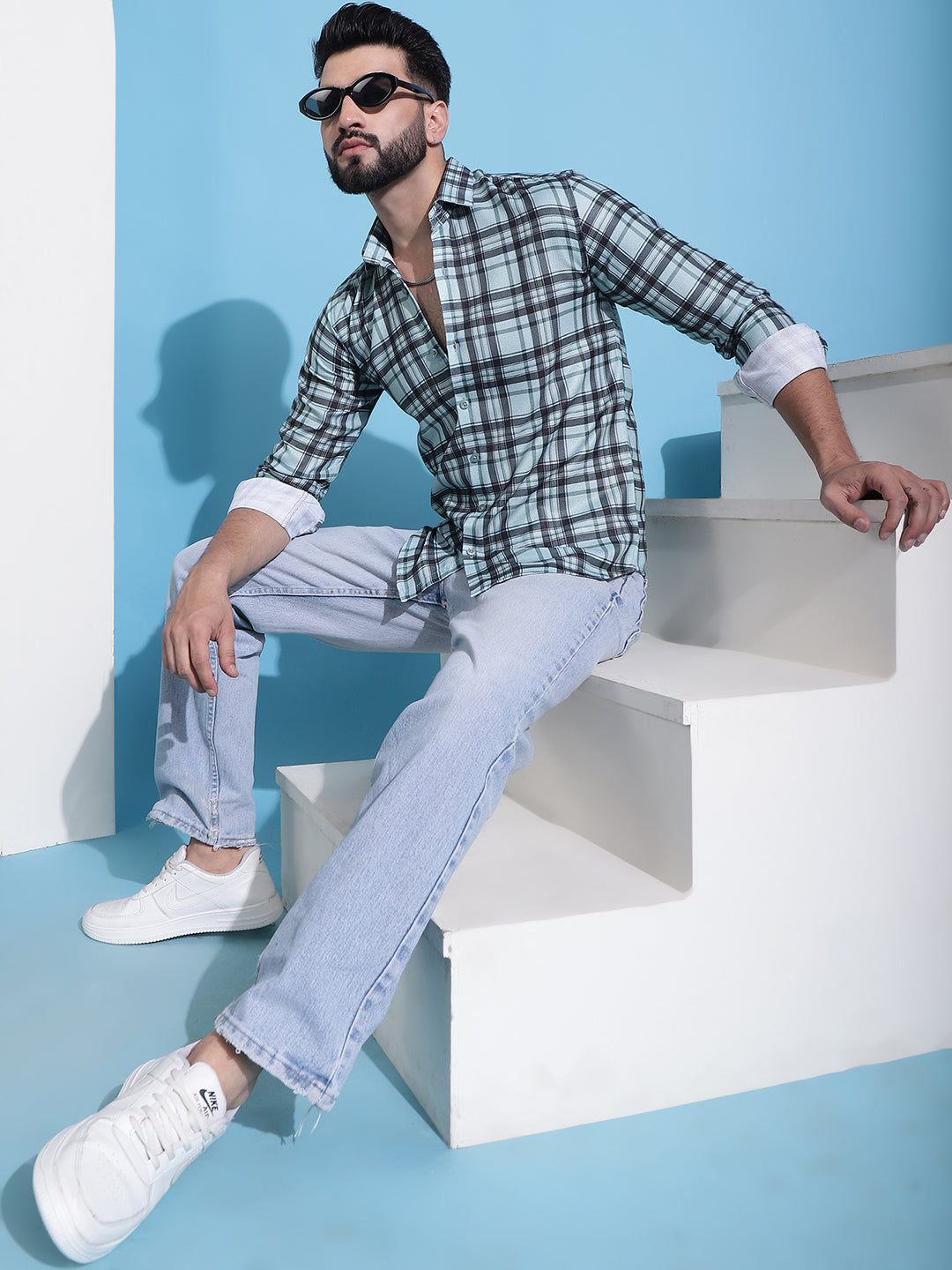 Men's Green Checked Cotton Casual Shirt for Men - Taantav