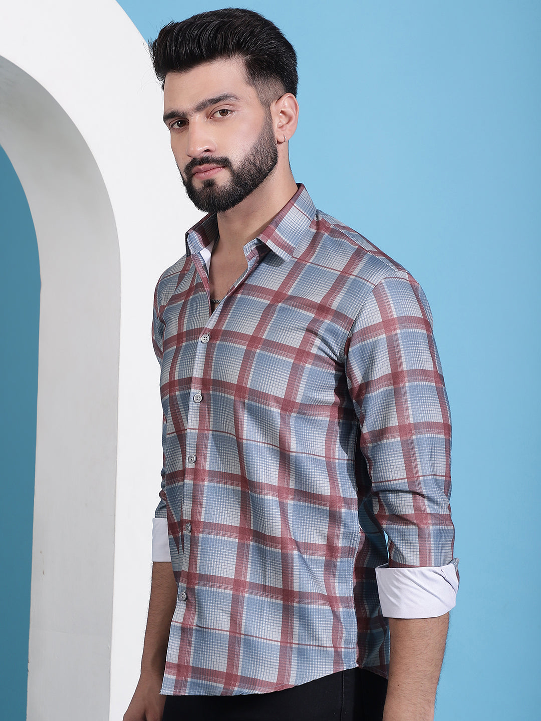 Men's Grey Checked Cotton Casual Shirt for Men - Taantav