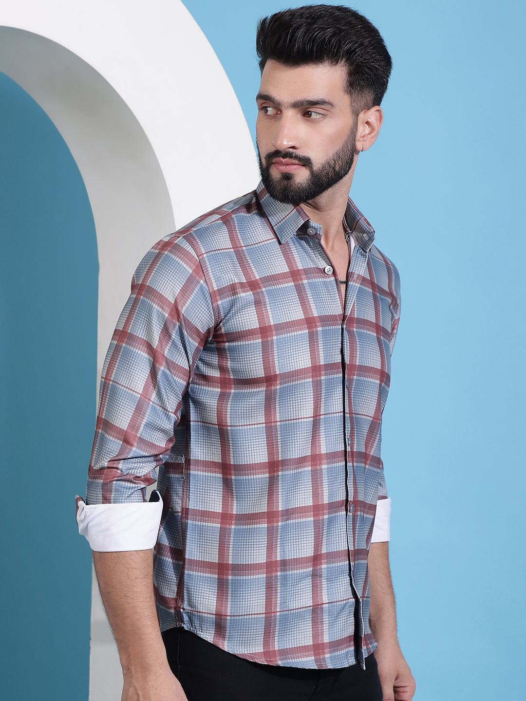 Men's Grey Checked Cotton Casual Shirt for Men - Taantav