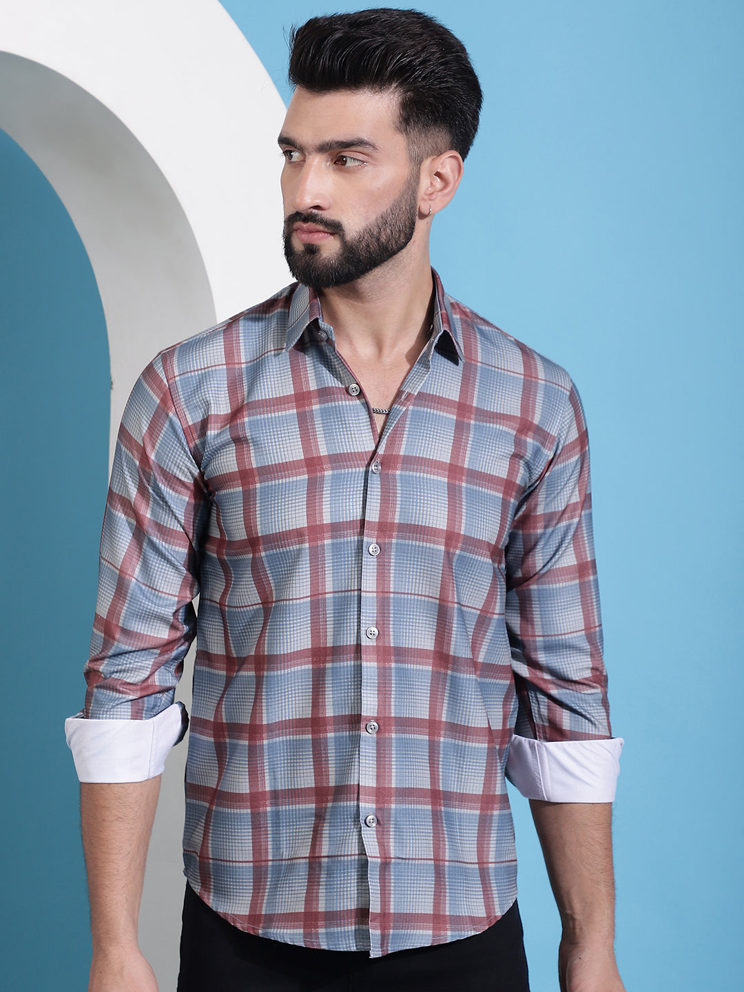 Men's Grey Checked Cotton Casual Shirt for Men - Taantav