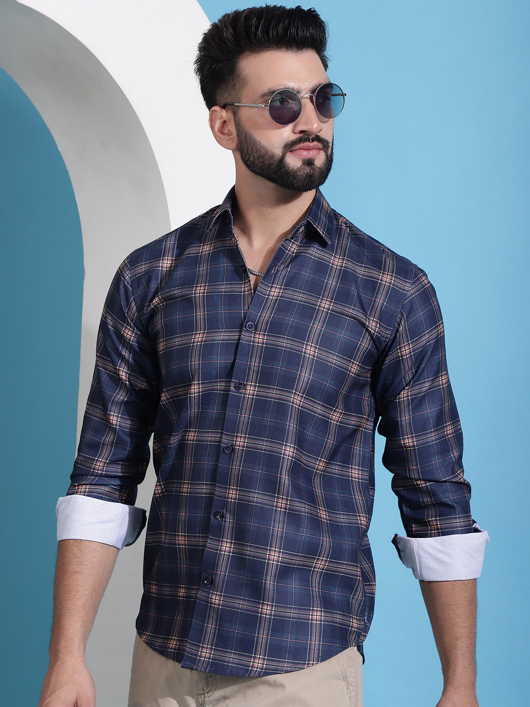 Men's Navy Blue Checked Cotton Casual Shirt for Men - Taantav