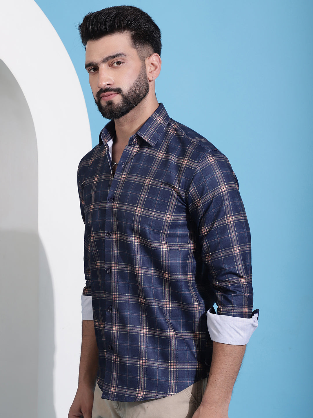 Men's Navy Blue Checked Cotton Casual Shirt for Men - Taantav