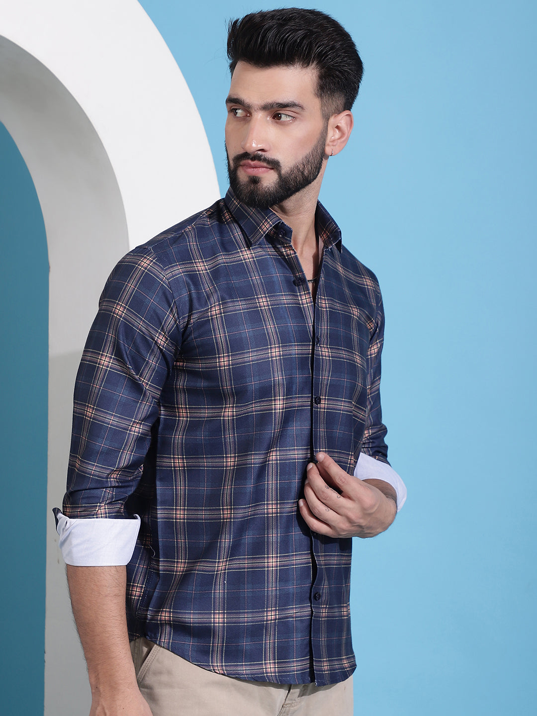 Men's Navy Blue Checked Cotton Casual Shirt for Men - Taantav