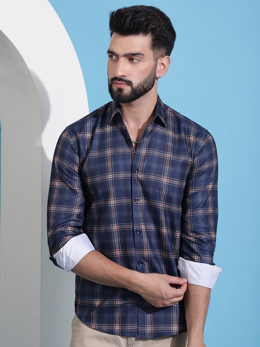 Men's Navy Blue Checked Cotton Casual Shirt for Men - Taantav