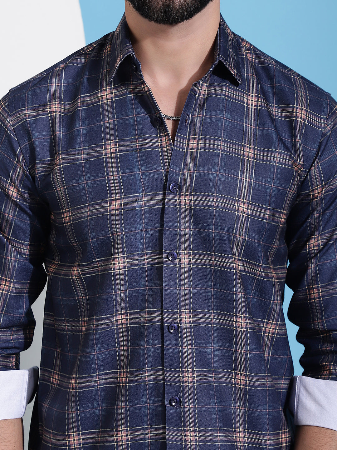 Men's Navy Blue Checked Cotton Casual Shirt for Men - Taantav