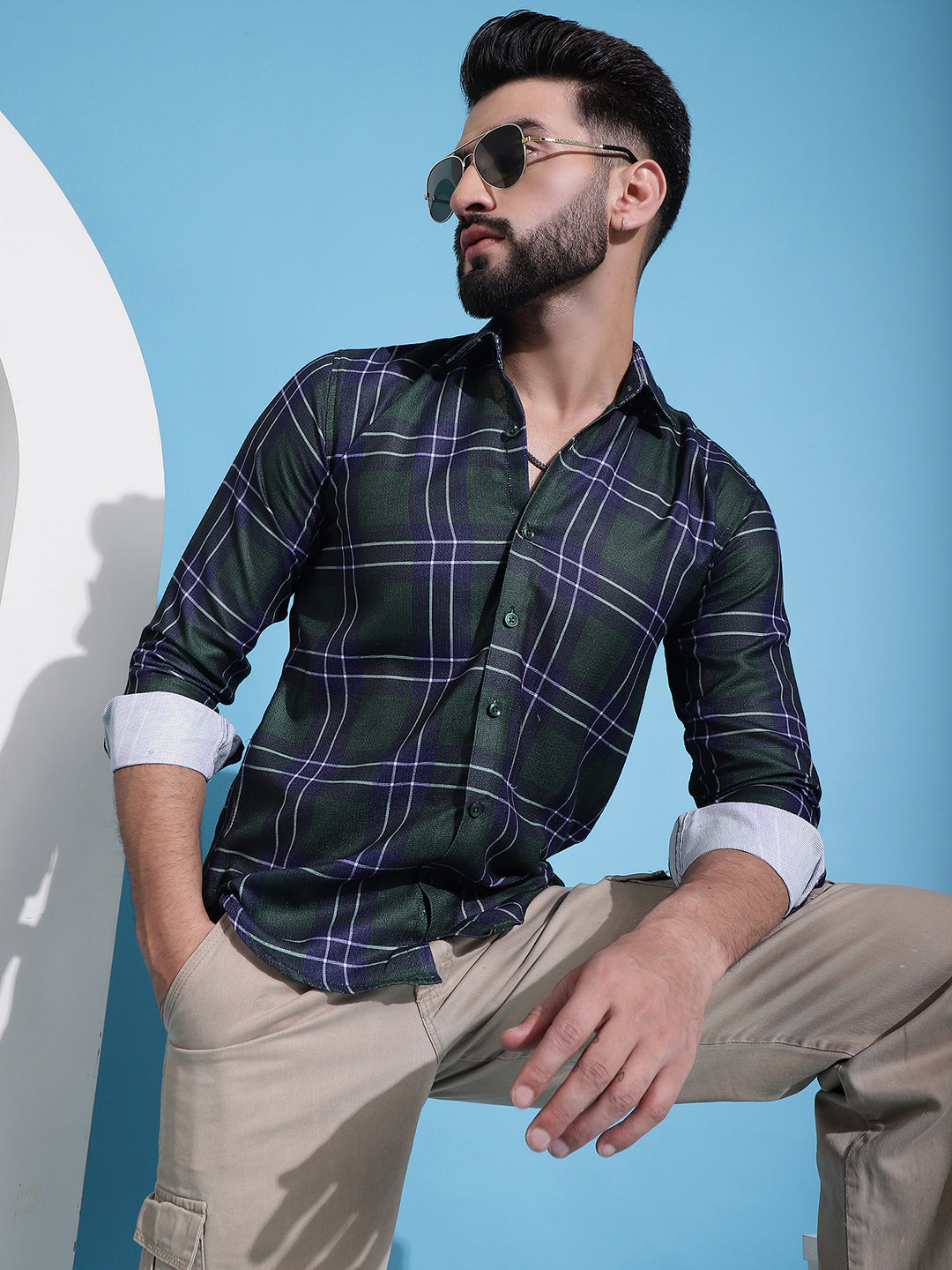 Men's Olive Green Checked Cotton Casual Shirt for Men - Taantav