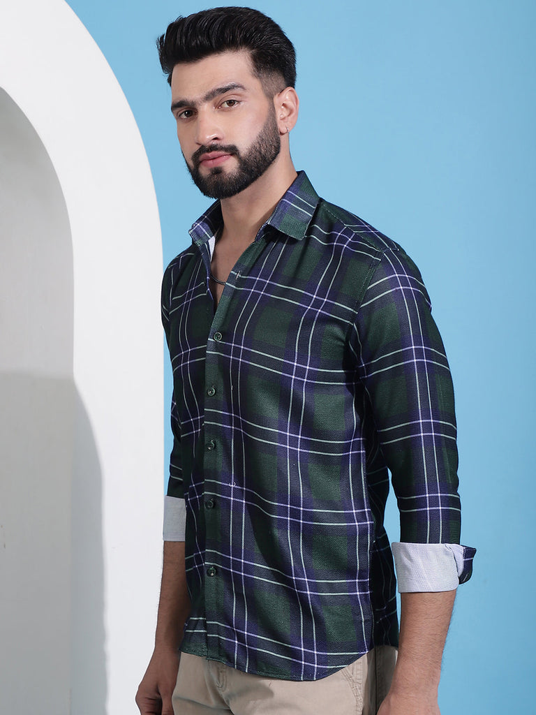 Men's Olive Green Checked Cotton Casual Shirt for Men