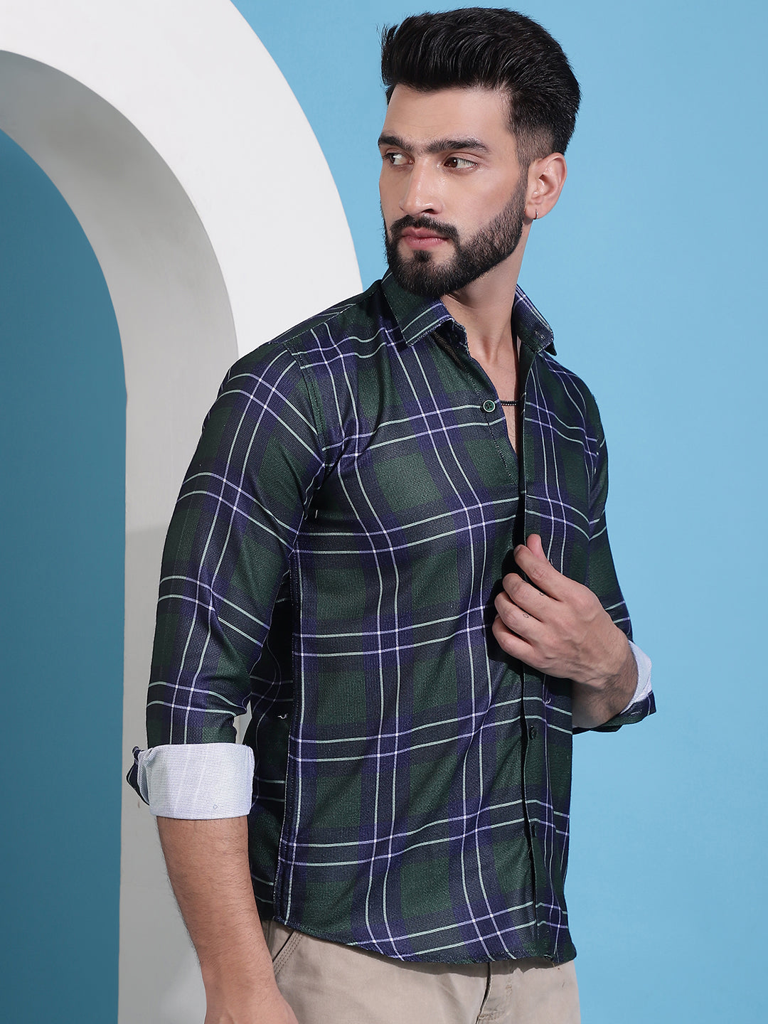 Men's Olive Green Checked Cotton Casual Shirt for Men - Taantav