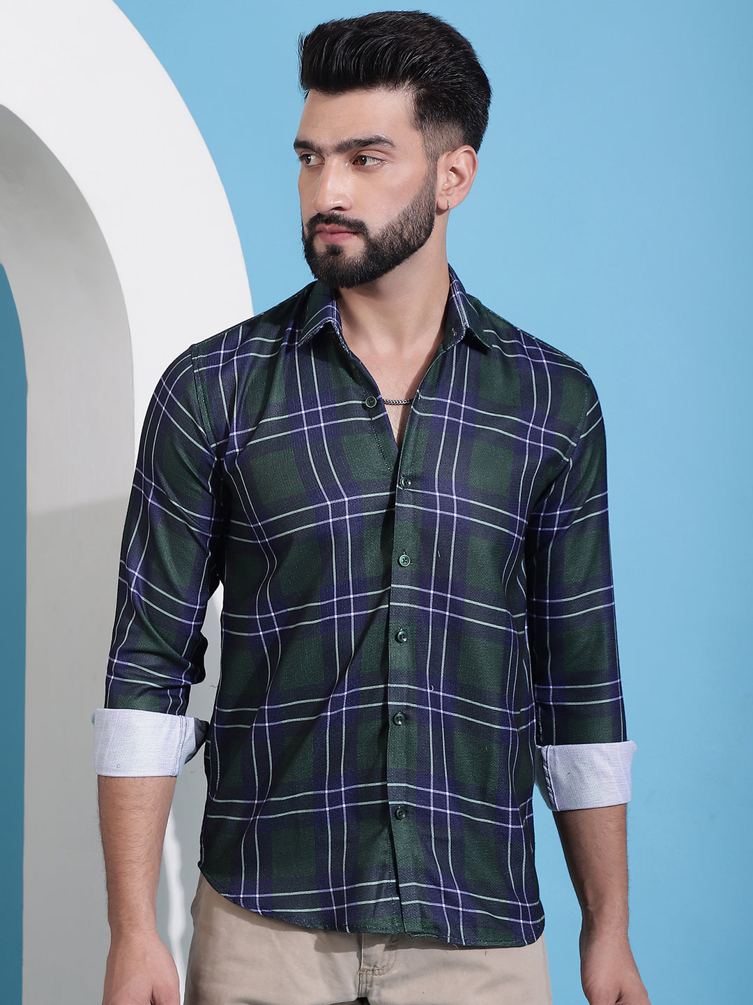 Men's Olive Green Checked Cotton Casual Shirt for Men - Taantav