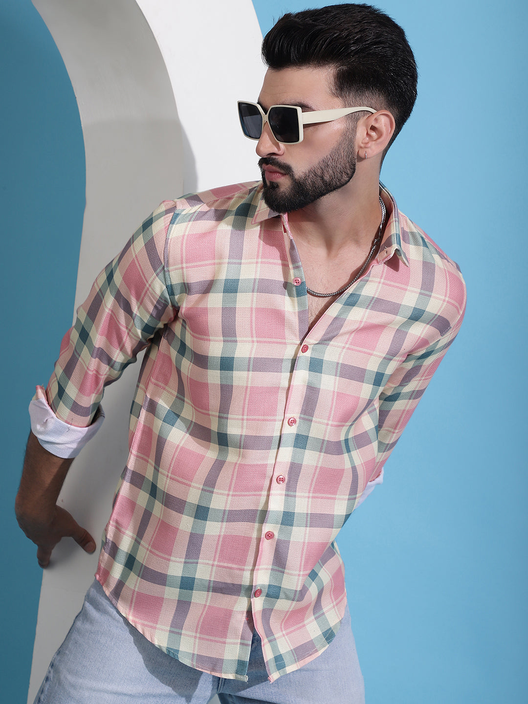 Men's Peach Checked Cotton Casual Shirt for Men - Taantav