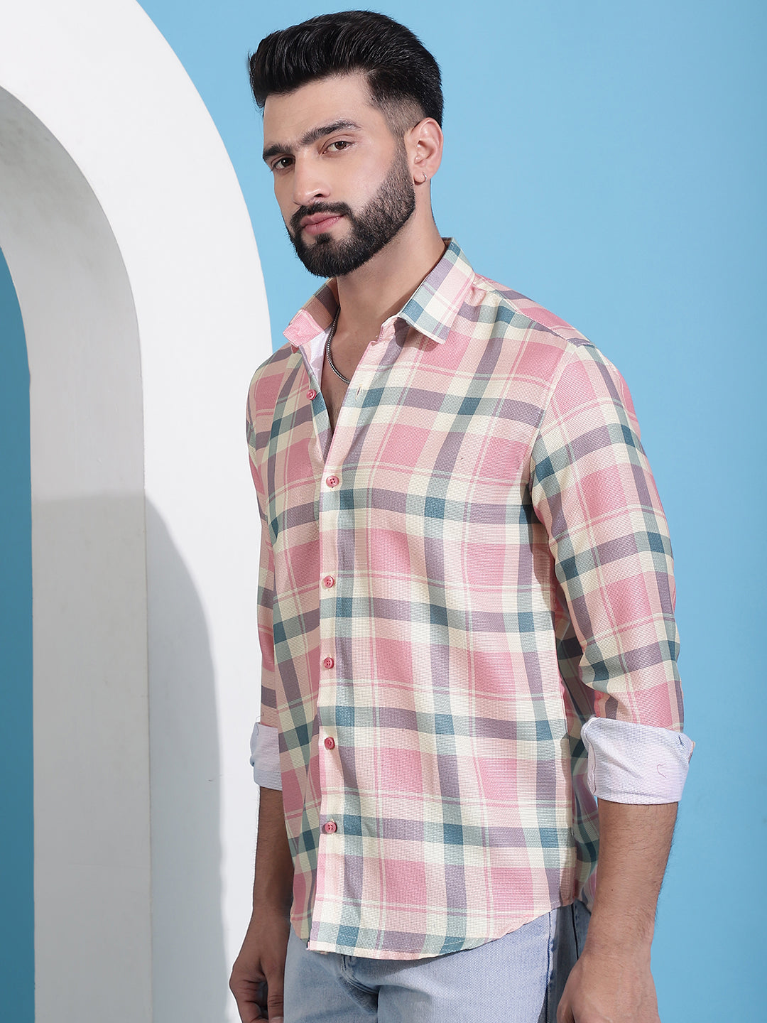 Men's Peach Checked Cotton Casual Shirt for Men - Taantav