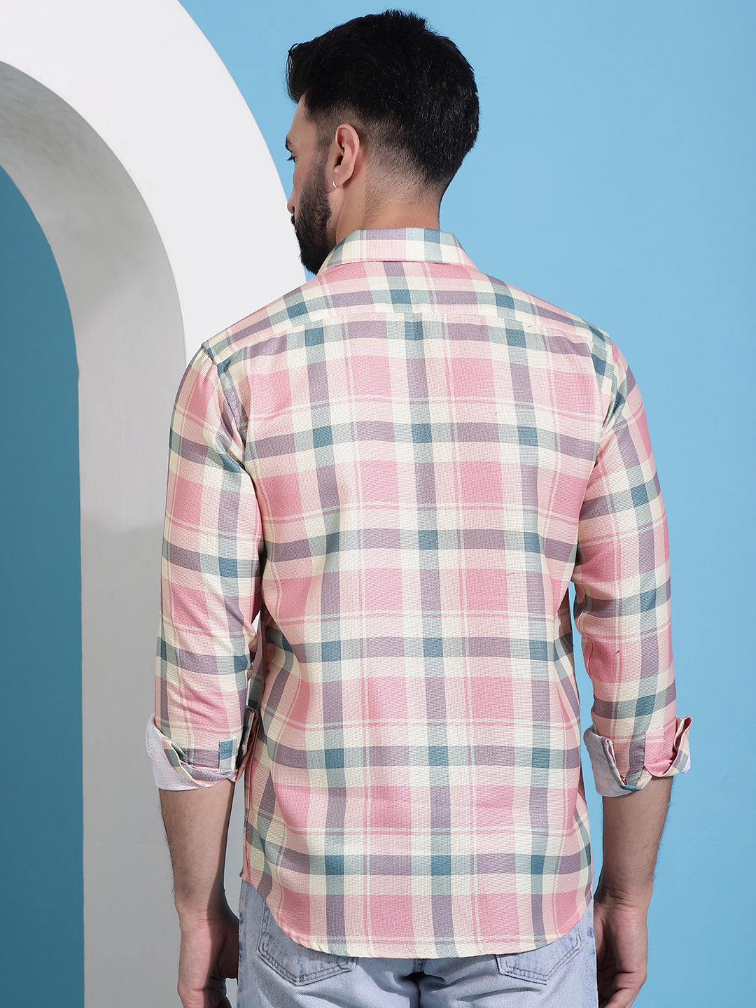 Men's Peach Checked Cotton Casual Shirt for Men - Taantav