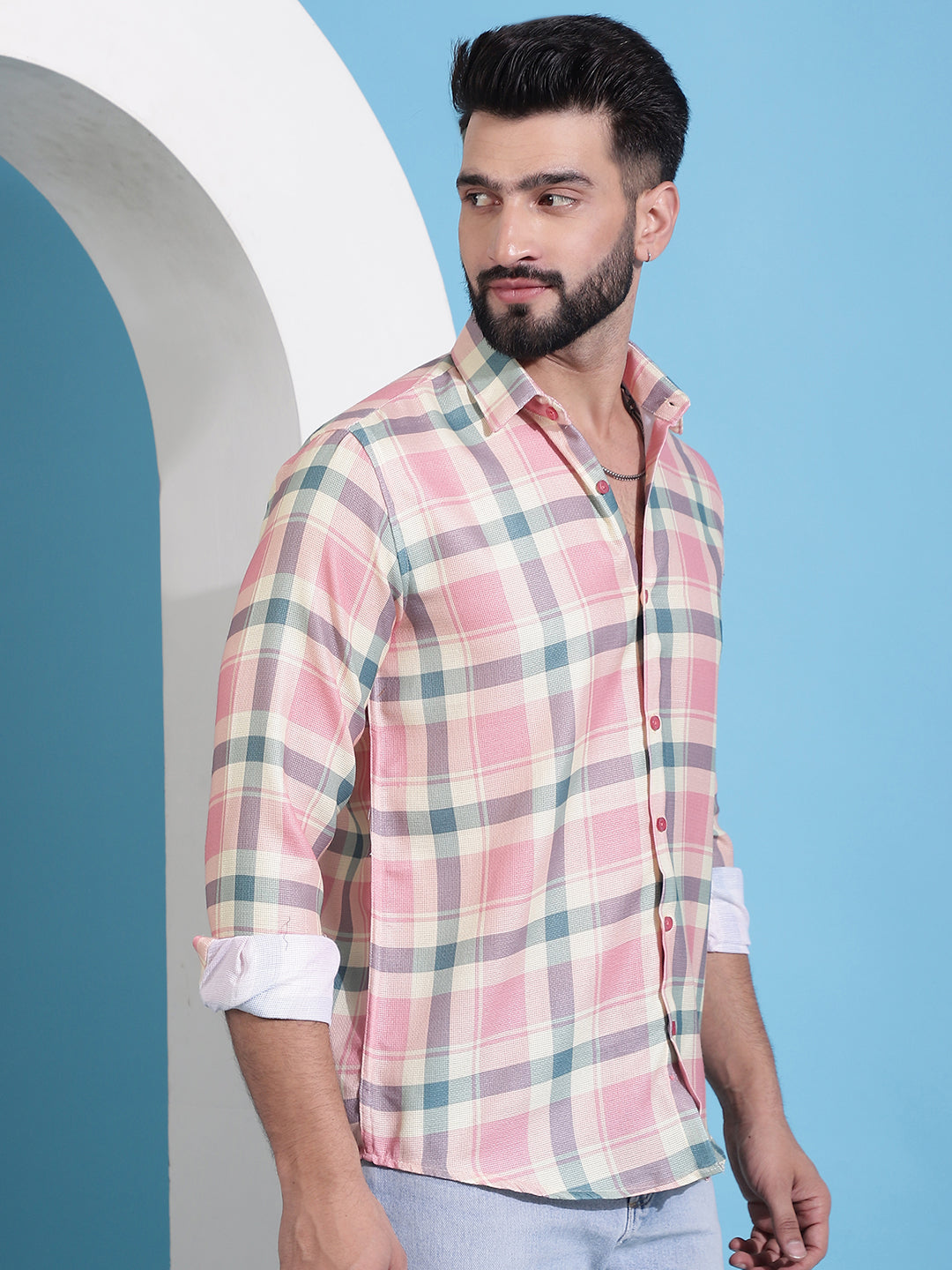 Men's Peach Checked Cotton Casual Shirt for Men - Taantav