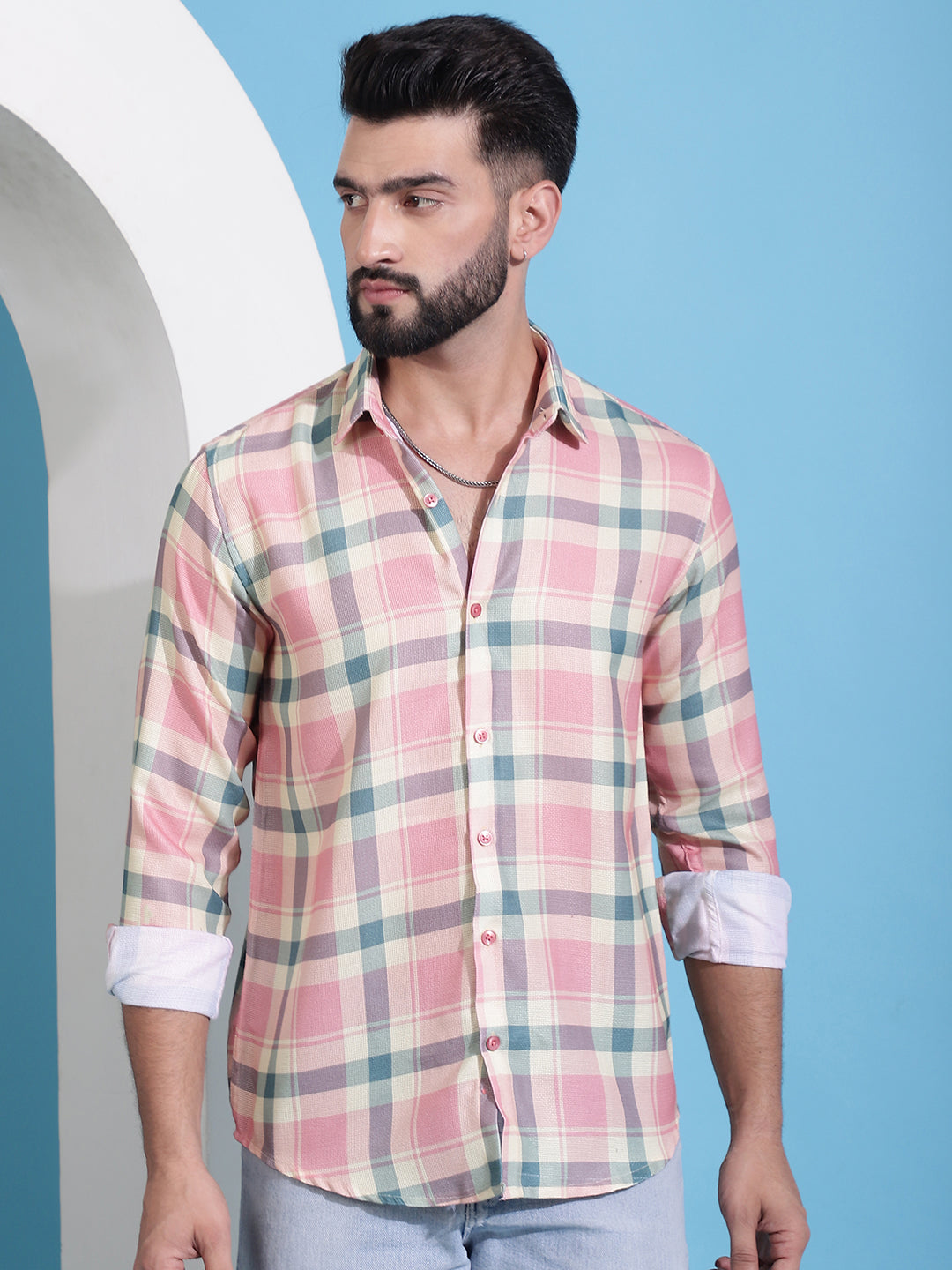 Men's Peach Checked Cotton Casual Shirt for Men - Taantav