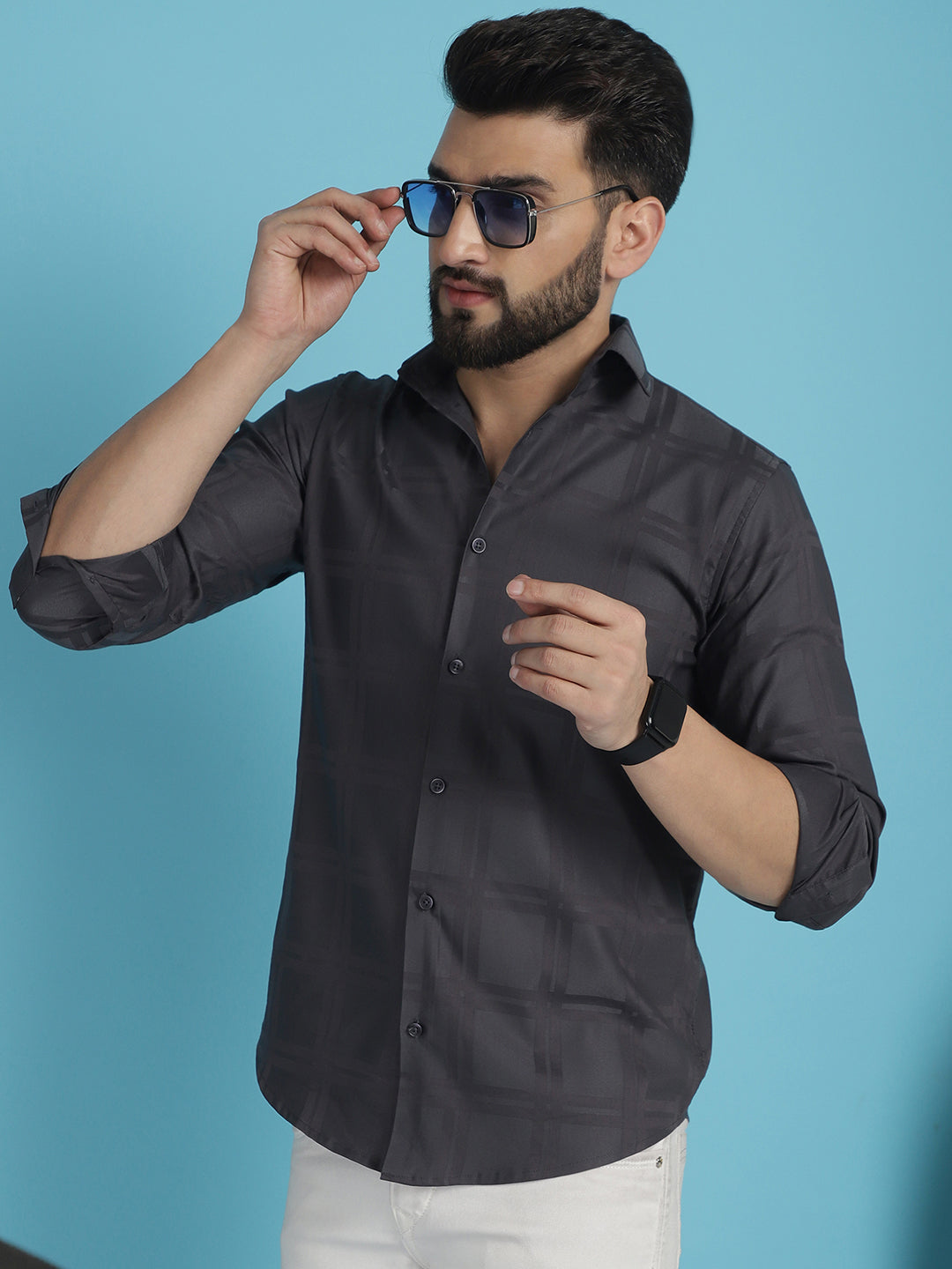 Men's Charcoal Grey Checked Casual Shirt - Taantav