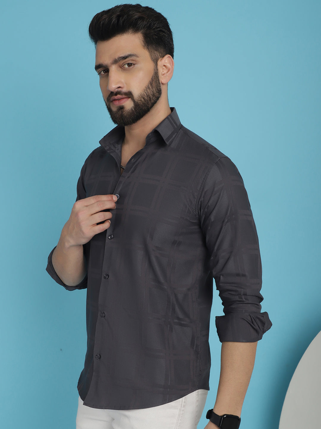 Men's Charcoal Grey Checked Casual Shirt - Taantav