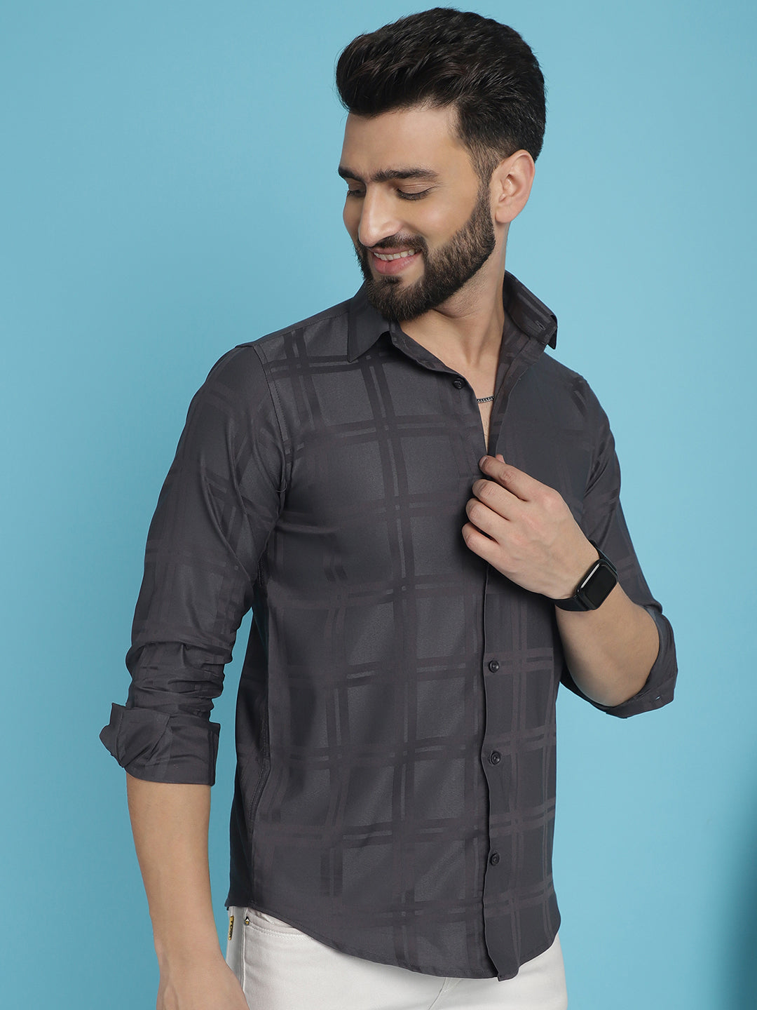 Men's Charcoal Grey Checked Casual Shirt - Taantav