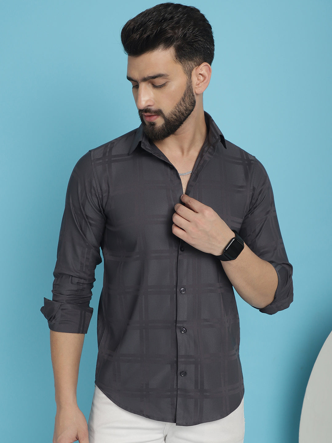 Men's Charcoal Grey Checked Casual Shirt - Taantav