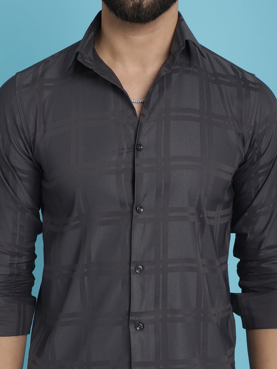 Men's Charcoal Grey Checked Casual Shirt - Taantav