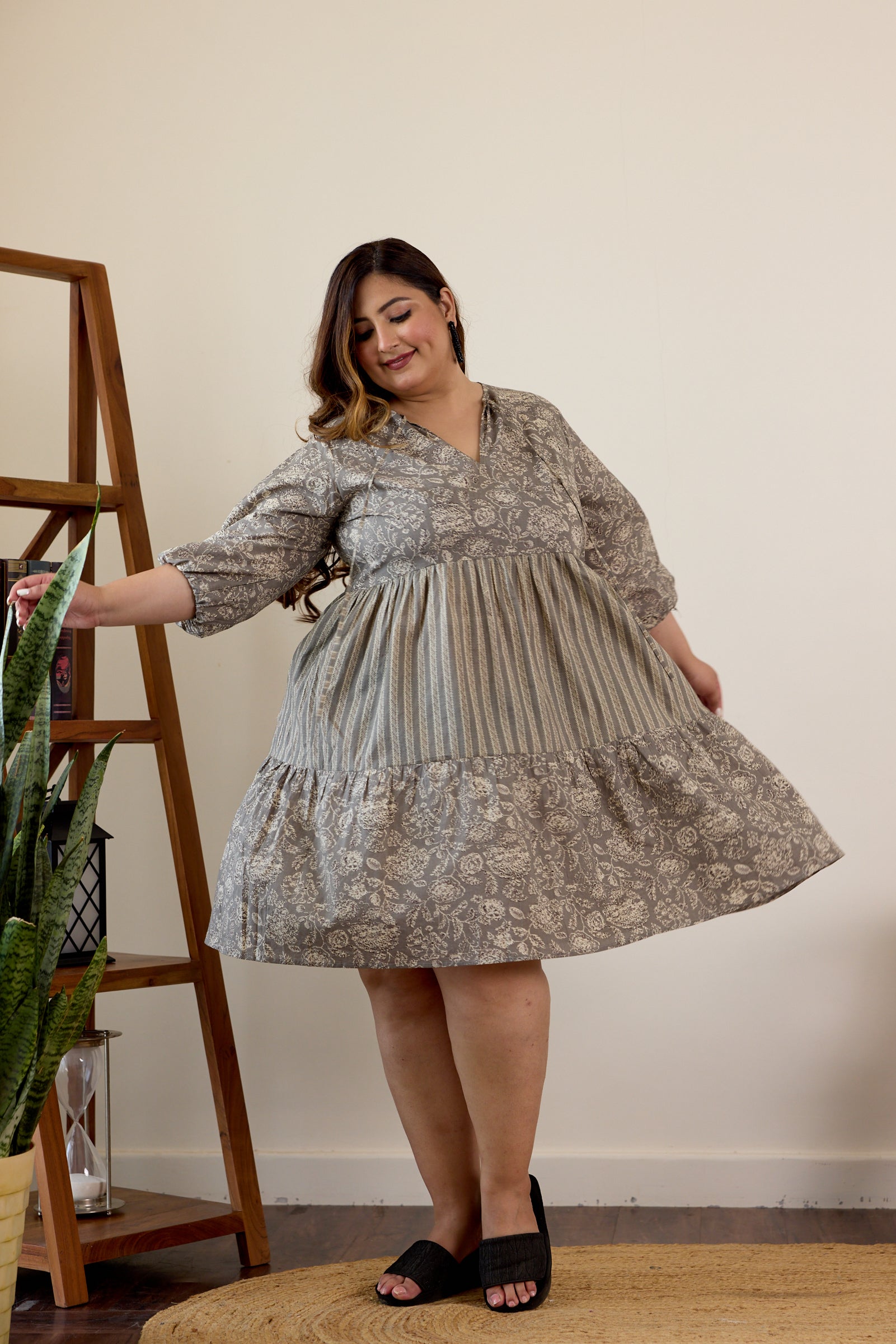 Women's Grey Bagru Print Tiered Dress - Nangalia Ruchira