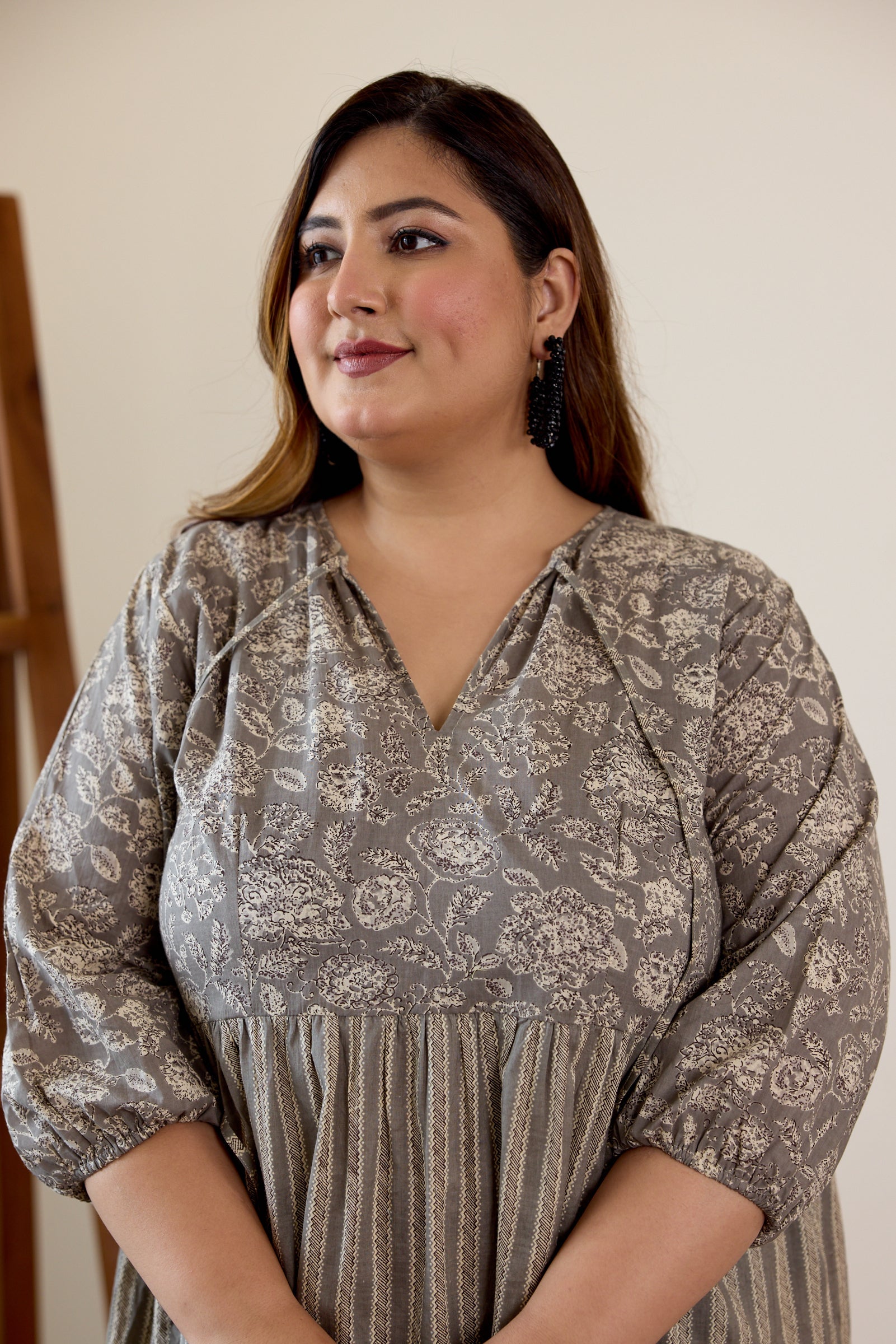 Women's Grey Bagru Print Tiered Dress - Nangalia Ruchira