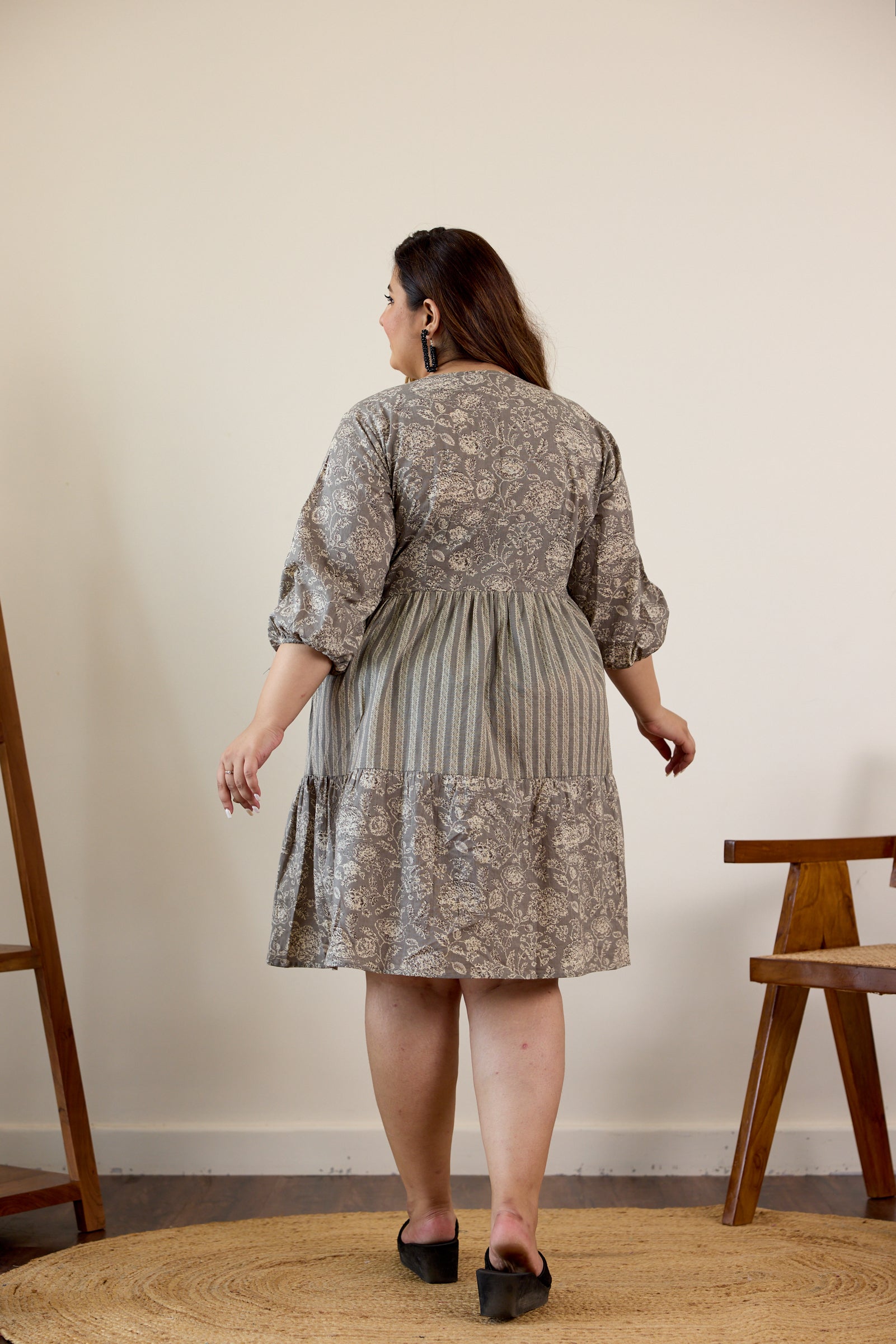 Women's Grey Bagru Print Tiered Dress - Nangalia Ruchira
