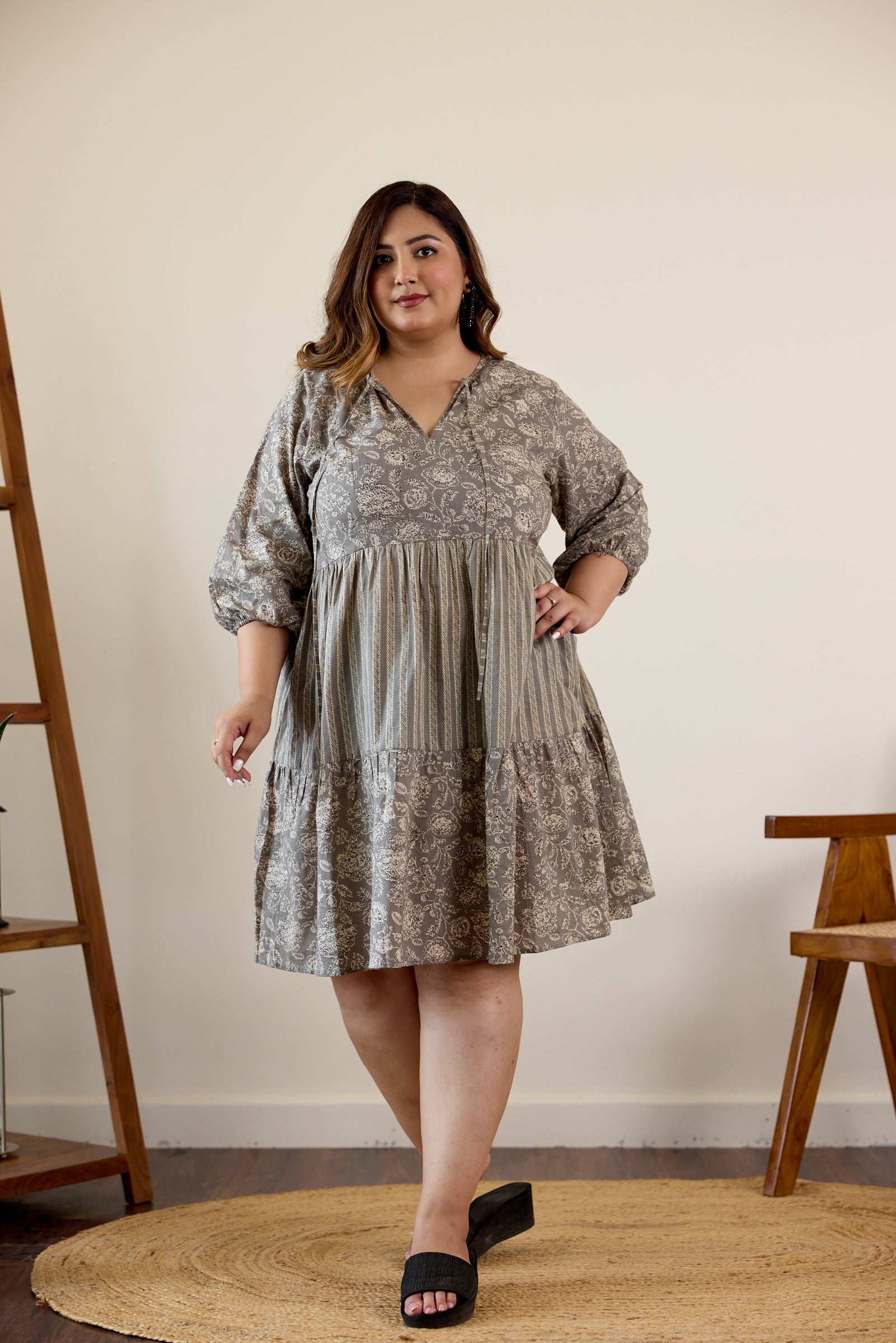 Women's Grey Bagru Print Tiered Dress - Nangalia Ruchira