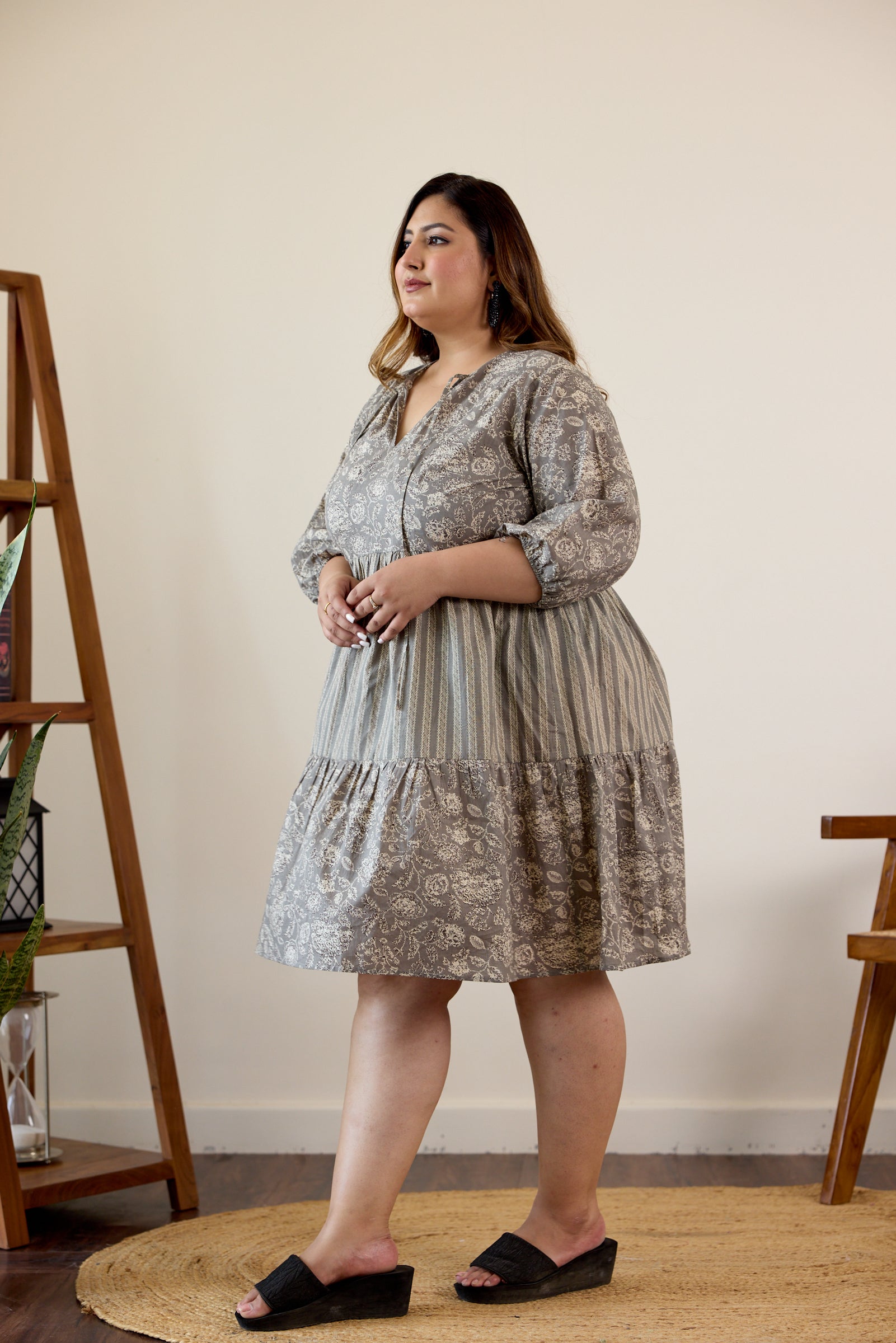 Women's Grey Bagru Print Tiered Dress - Nangalia Ruchira
