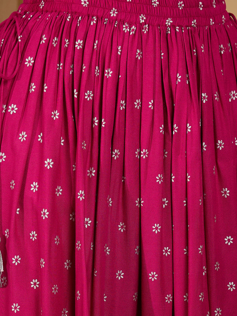 Women's Pink Ethnic Printed Rayon Vest Top With Skirt