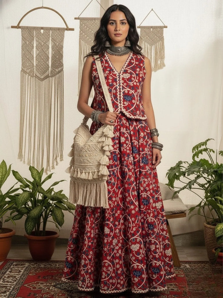 Women's Red Cotton Lace detailing Waistcoat with Skirt