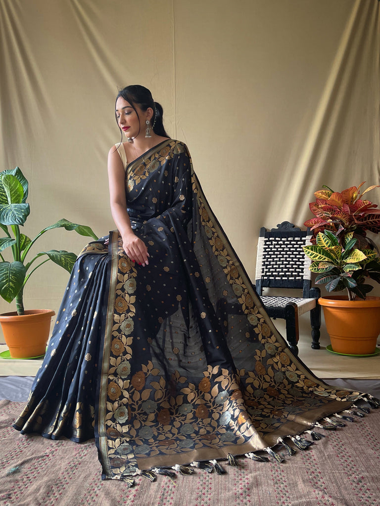 Women's Banarasi Silk Saree with Floral Woven Border and Pallu Black