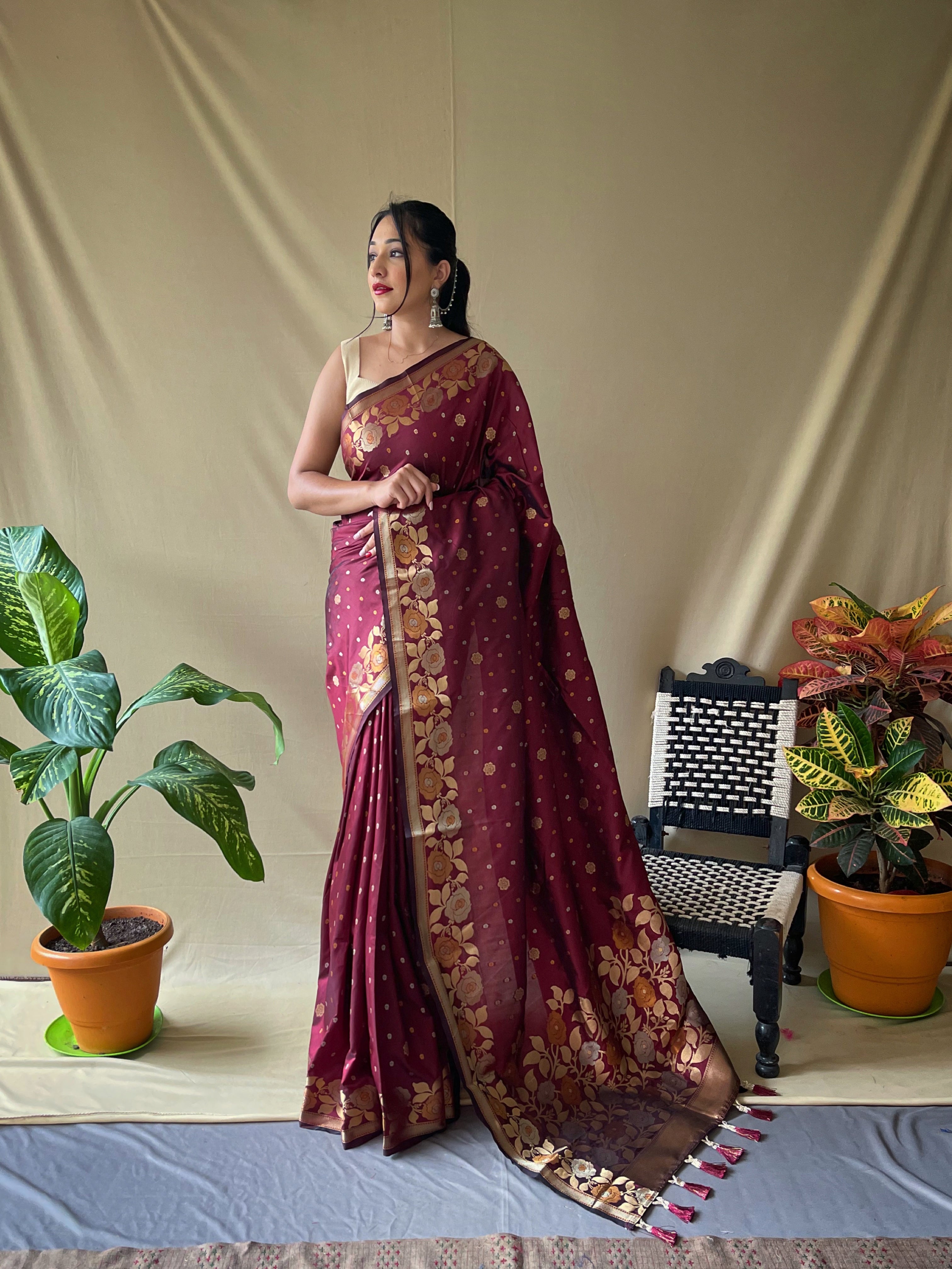 Women's Banarasi Silk Saree with Floral Woven Border and Pallu Brown - TASARIKA