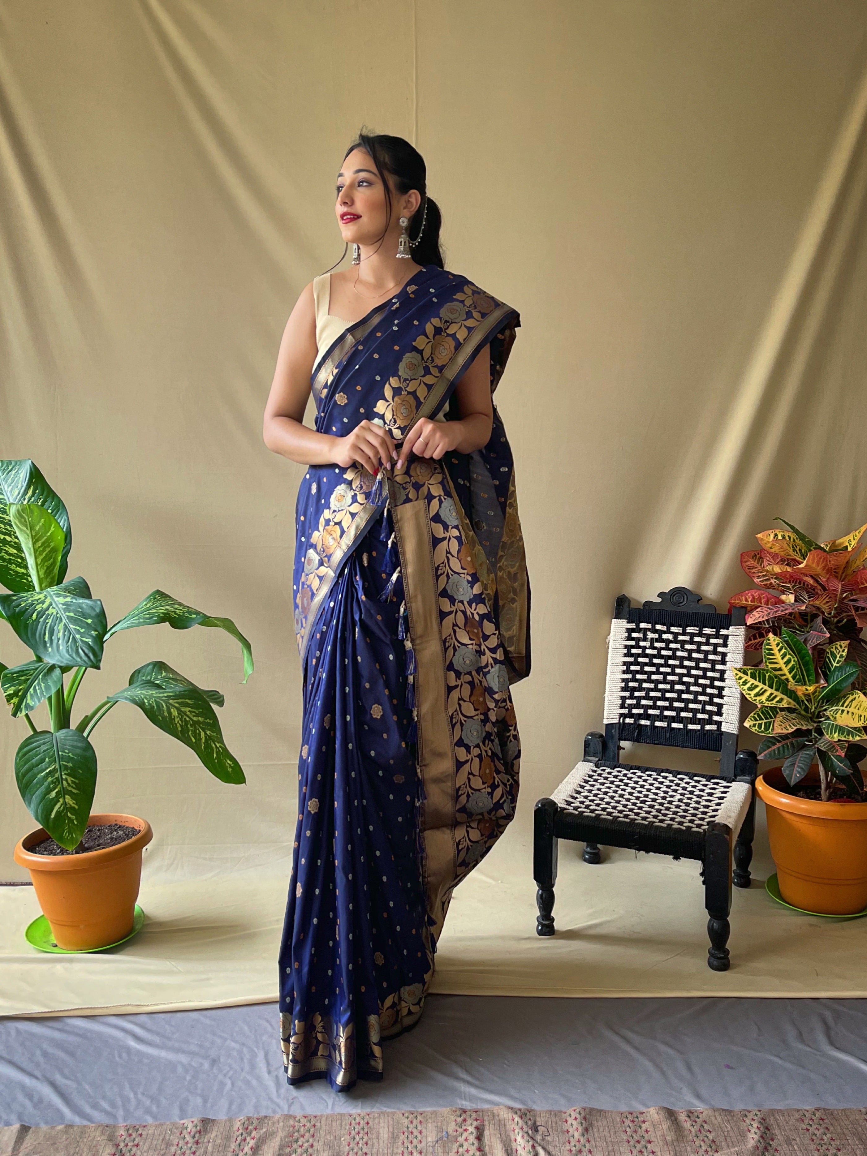 Women's Banarasi Silk Saree with Floral Woven Border and Pallu Dark Blue - TASARIKA