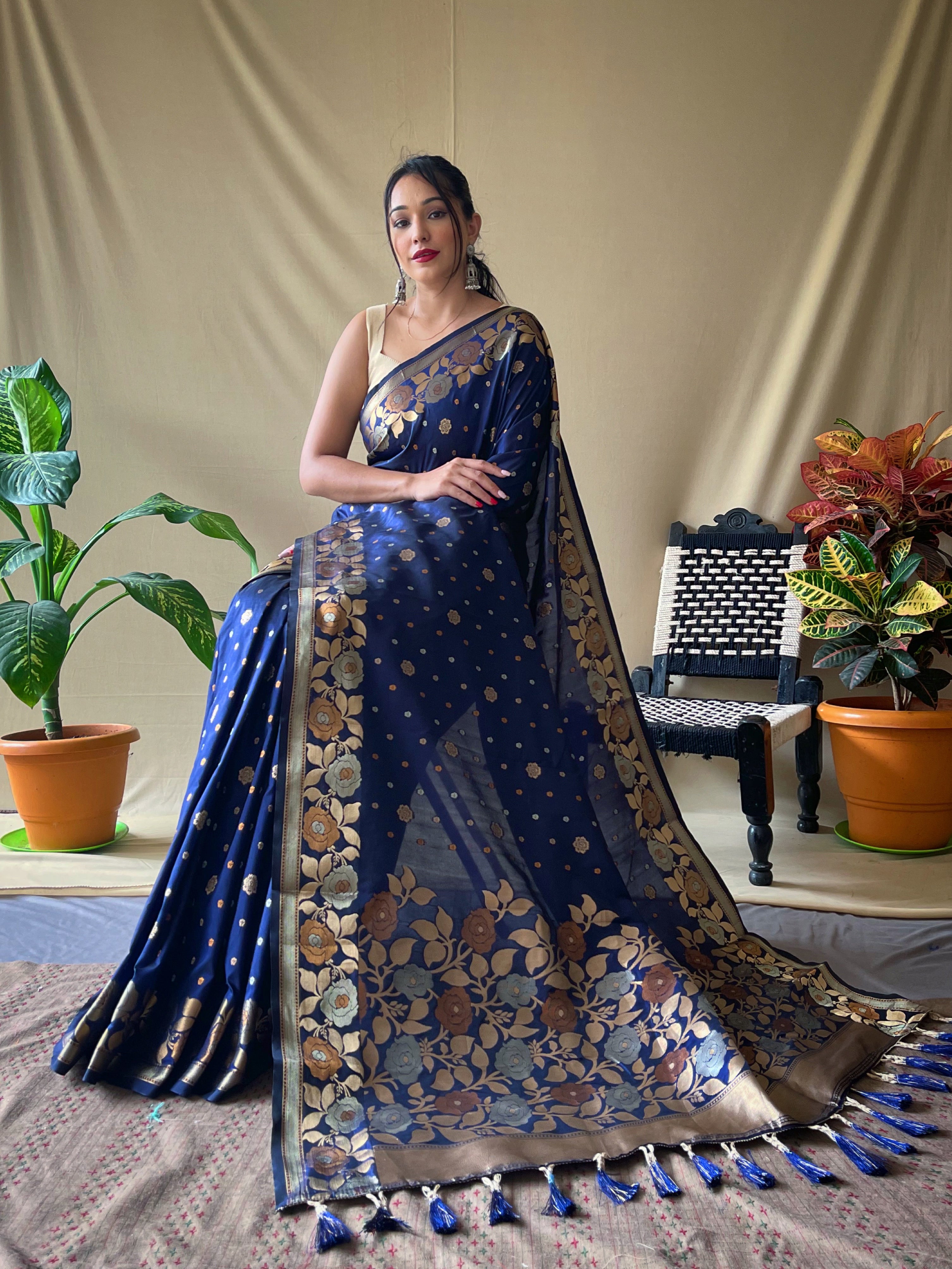 Women's Banarasi Silk Saree with Floral Woven Border and Pallu Dark Blue - TASARIKA