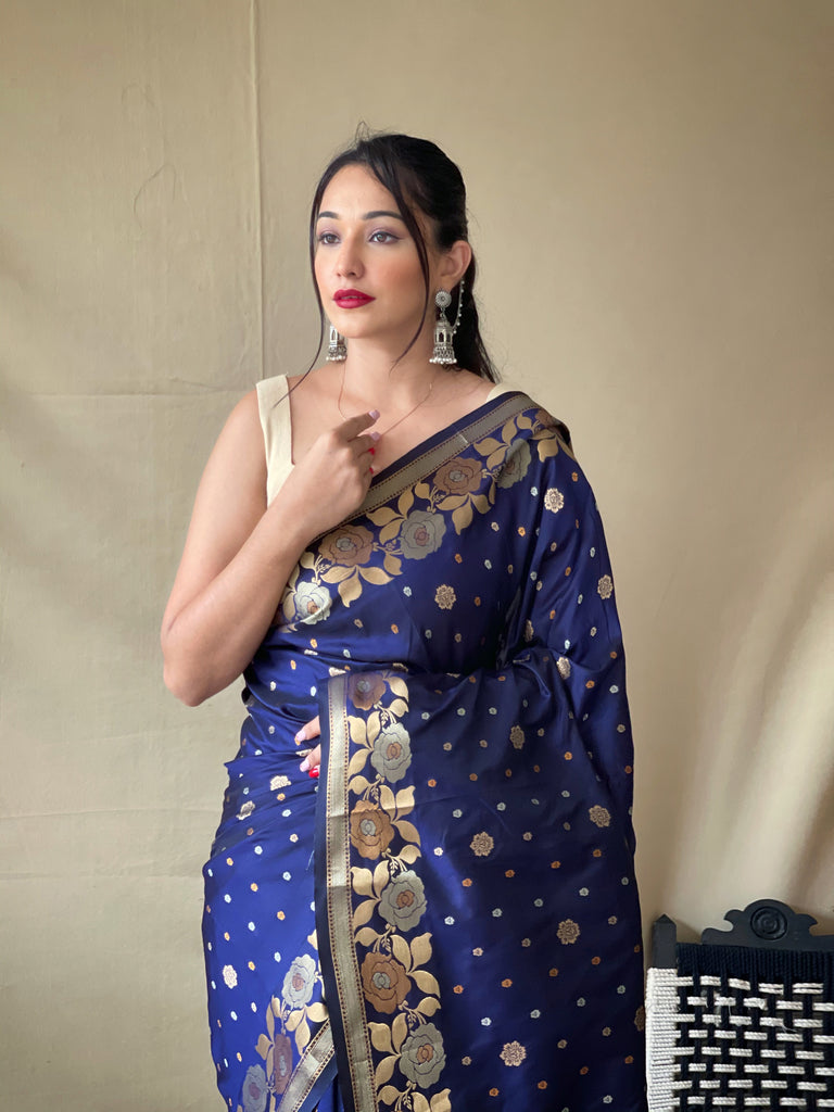 Women's Banarasi Silk Saree with Floral Woven Border and Pallu Dark Blue